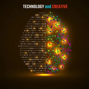 Left and right human brain cerebral hemispheres with binary code and colorful Stock Illustration