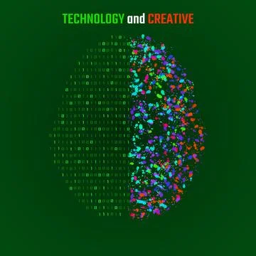 Left and right human brain cerebral hemispheres with binary code and colorful Stock Illustration