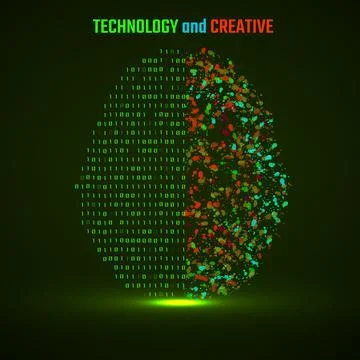 Left and right human brain cerebral hemispheres with binary code and colorful 스톡 일러스트