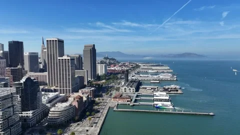  left backward flight from "The Embarcadero and Ferry Building" to  SoMa distric Stock Footage 255613244