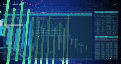 Left bar group starting bars rising, layering terminal scrolling red line Stock Footage 328307072