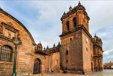 Left bell tower of Cusco Cathedral in Gothic-Renaissance style Foto stock