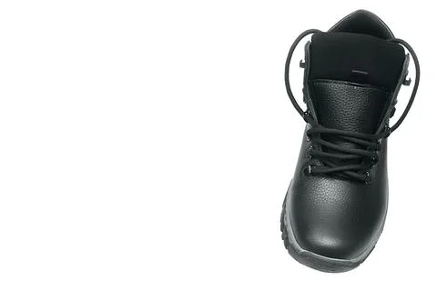 Left black leather warm boot with laces.Winter footwear 스톡 일러스트