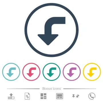 Left bottom side turn arrow solid flat color icons in round outlines Illustrazione stock