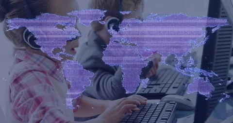Left child typing and speaking into headset as class task starts, map hologram Stock Footage 320652830