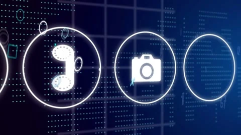 Left circle lighting up, glowing icon rings sliding right with camera panning Stock Footage 334337655