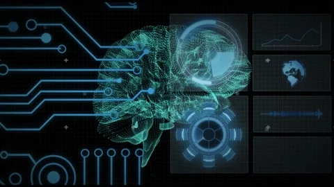 Left circuits extending toward holographic brain, mesh pulsing and streaming Video stock 334743840