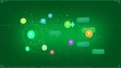 Left cluster appearing, HUD linking, labels stacking, hubs pulsing, showing flow Stock Footage 333972165