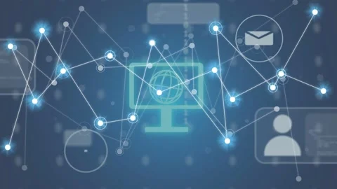 Left cluster emerging, network expanding over cyan monitor, nodes pulsing to Stock Footage 334744489