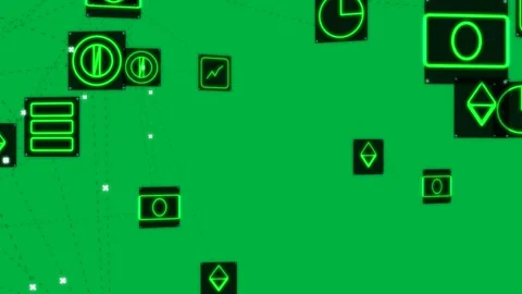 Left cluster growing neon-green network linking meters, pulses showing data flow Stock Footage 329532136