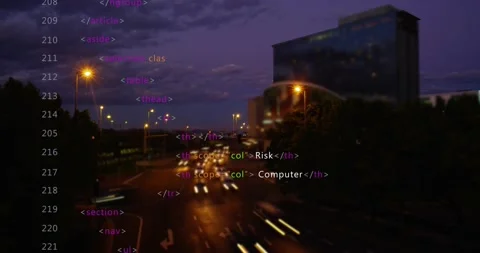 Left code overlay appearing, cascading over dusk road, cars leaving streaks, Stock Footage 329506020