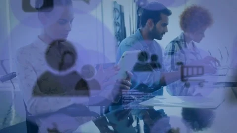 Left colleague scrolling tablet activating framewide icons while teammates Stock Footage 317600411