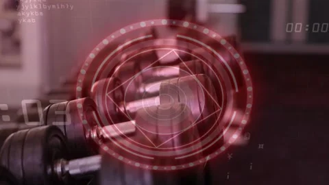 Left countdown starting, red HUD pulsing and centering on dumbbell for fitness Stock Footage 331789728