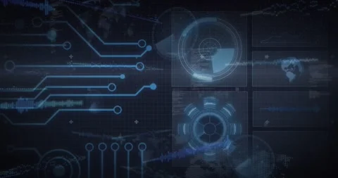 On left data pulse, circuitry glowing, stacked HUD rotating, waveform rippling, Stock Footage 328348472