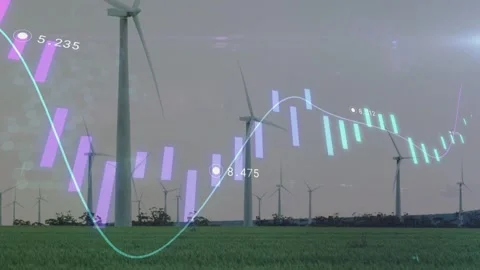 Left data stream starting, chart scrolling over wind farm, bars and line showing Stock Footage 332523161