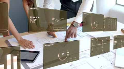 Left designer pointing triggers right architect penciling plans while AR charts Stock Footage 338409680