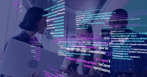 Left dev leaning in showing laptop team sharing screens and debugging while code Stock Footage 333817394