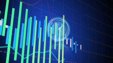 Left-edge bar entry causing bars rising, clock fading, rotating, lines pulsing Stock Footage 310150778