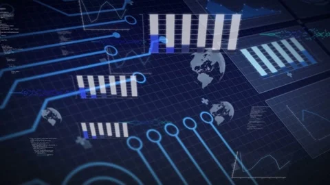 Left-edge circuit lines entering holographic dashboard updating bars pulsing Stock Footage 333368073