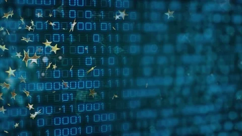 Left-edge entry sending metal stars drifting and rotating across binary matrix, Stock Footage 321161810