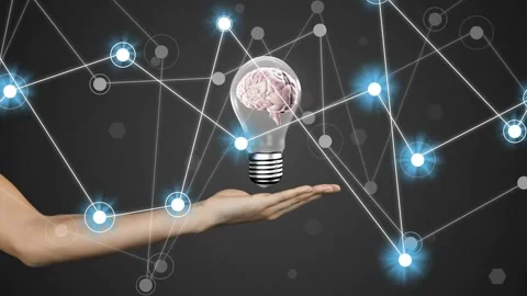 Left-edge nodes starting network expansion, forearm sliding under brain-in-bulb, Stock Footage 335652059