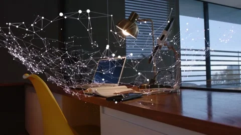 Left-edge particles emerging and traveling right, forming 3D mesh over desk Stock Footage 337579322