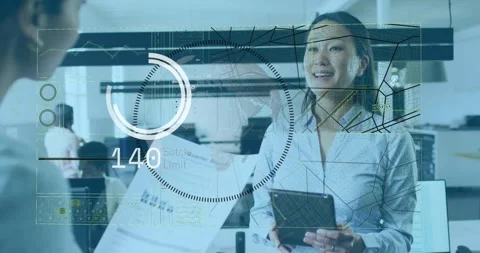 Left extending report, right holding tablet, HUD values rising then falling Stock Footage 321824702