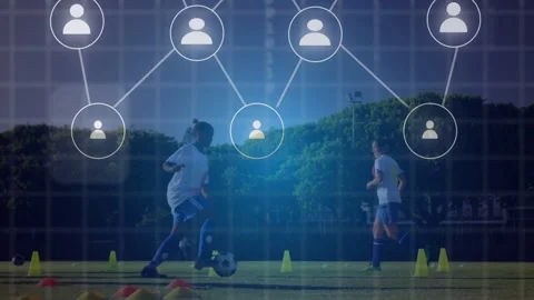Left female player dribbling cones, starting grid and node network forming above Stock Footage 333553191