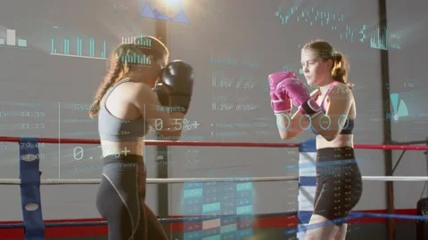 Left fighter stepping forward, two fighters trading kicks in ring, HUD Stock Footage 333704381