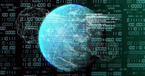 Left glow sparking globe rotating clockwise, binary streaming, code appearing, Stock Footage 328583931