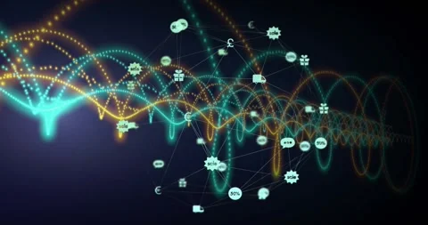 Left glow sparking teal, amber waves, threading spherical network linking nodes Stock Footage 328584758