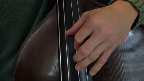 The left hand of a double bass player while playing. Stock Footage 134840736