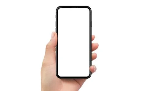 Left hand holding black mobile smartphone device white background Stock Illustration
