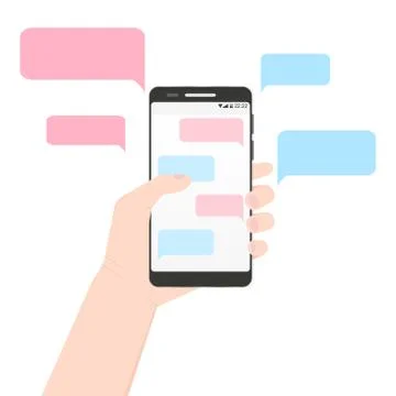 Left hand holding smartphone with message clouds Stock Illustration