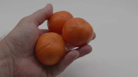 Left hand holding three mandarins in front of a white background Stock Footage 276614487