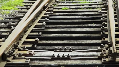A left-hand railroad switch and Actuator. Stock Footage 75567878