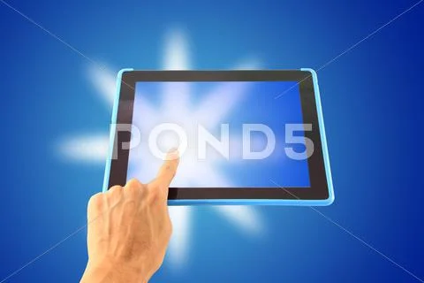 Left hand tablet touch shiny. Stock Illustration