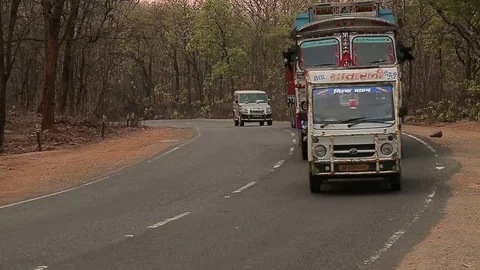 Left-hand traffic in jungles India. Cars Stock Footage 80609164