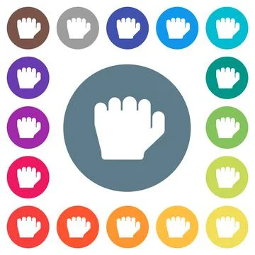 Left handed grab gesture flat white icons on round color backgrounds Stock Illustration