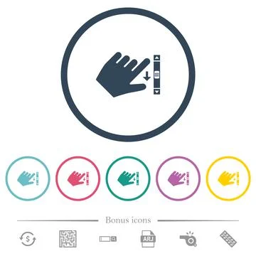 Left handed scroll down gesture flat color icons in round outlines Stock Illustration