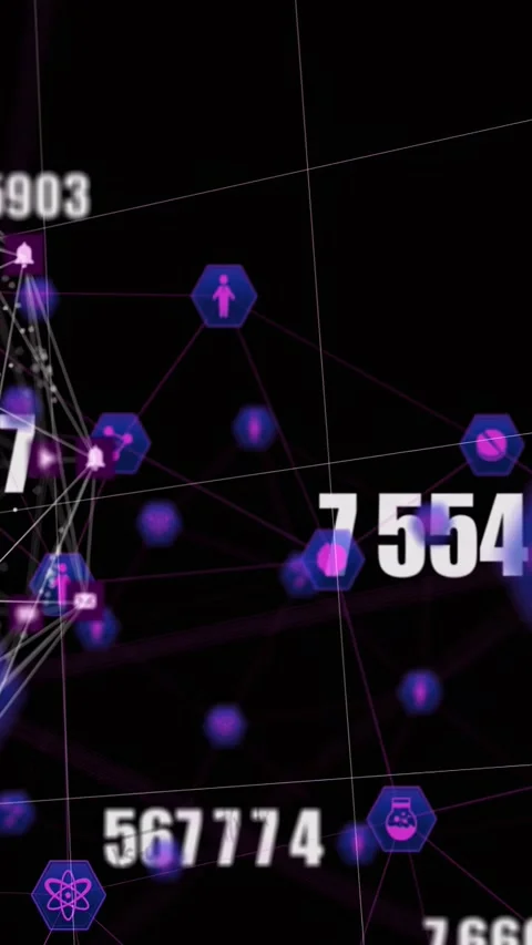 Left hex node cluster pulsing, emitting sliding numbers and highlighting icons Stock Footage 330189652