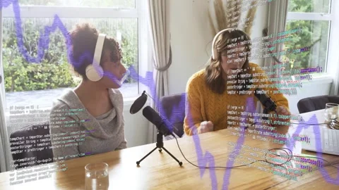 Left host speaking, sparking right host tuning mic, scrolling code with purple Stock Footage 333670594