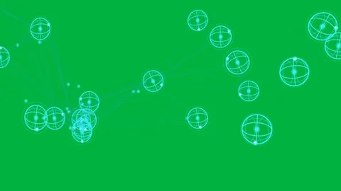 Left hub sending cyan wireframe orbs+dots driving right orbs drifting showing Stock Footage 329548736