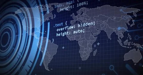 Left HUD rings starting scan, faint world map showing borders, code scrolling Stock Illustration