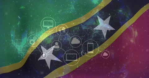 Left icon fading in starting tech icons linking slanted star band, showing cloud Stock Footage 329832917