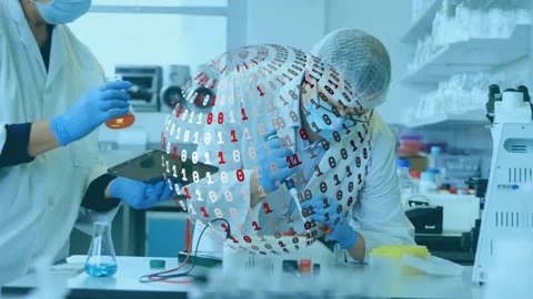 Left lab tech showing tablet and causing 01 sphere growing while male tech Stock Footage 321783017
