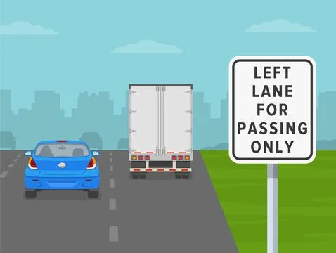 Left lane for passing only road sign. Back view of cars and truck on a city road Stock Illustration