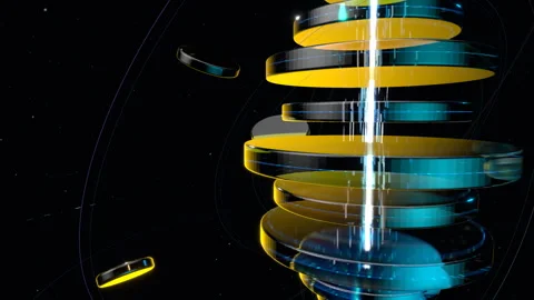 Left-leaning asymmetric view of layered glass discs processing dynamic, 422 HQ Stock Footage 336655765
