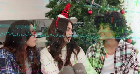 Left leaning, three friends smiling, data graphs sweeping over group and tree Stock Footage 323354505