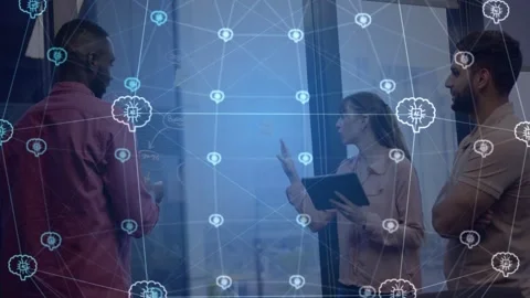 Left man gesturing, team reacting, woman using tablet pointing at glass, node Stock Footage 332772356